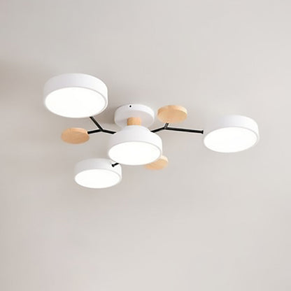 White 4-light semi flush mount ceiling light — LED discs, black arms, wood-tone accents | Casa Norex