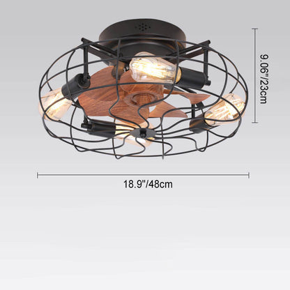 Contemporary Industrial Wood Grain Drum Cage Design Iron APS 3-Light Flush Mount Ceiling Fan Light for Living Room