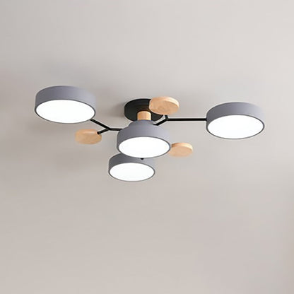 Gray 4-light branch ceiling light with LED discs and wood-tone accents | Casa Norex