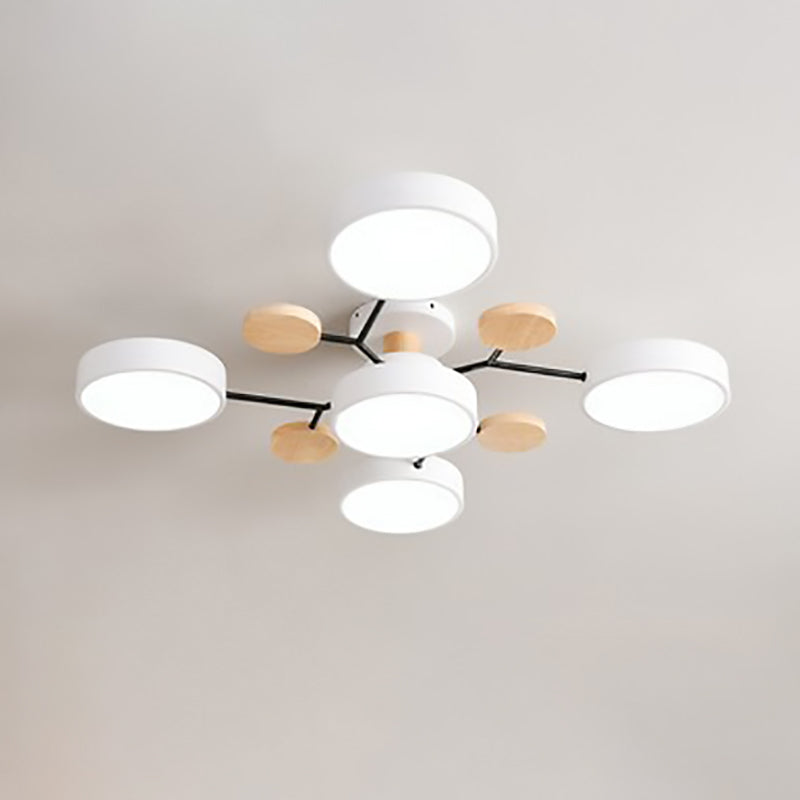 White 5-light branch ceiling light with LED discs on black arms — Casa Norex