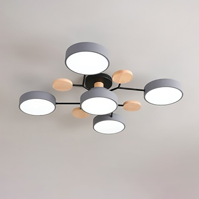 Gray 5-light branch ceiling light with LED discs on slim black arms — Casa Norex