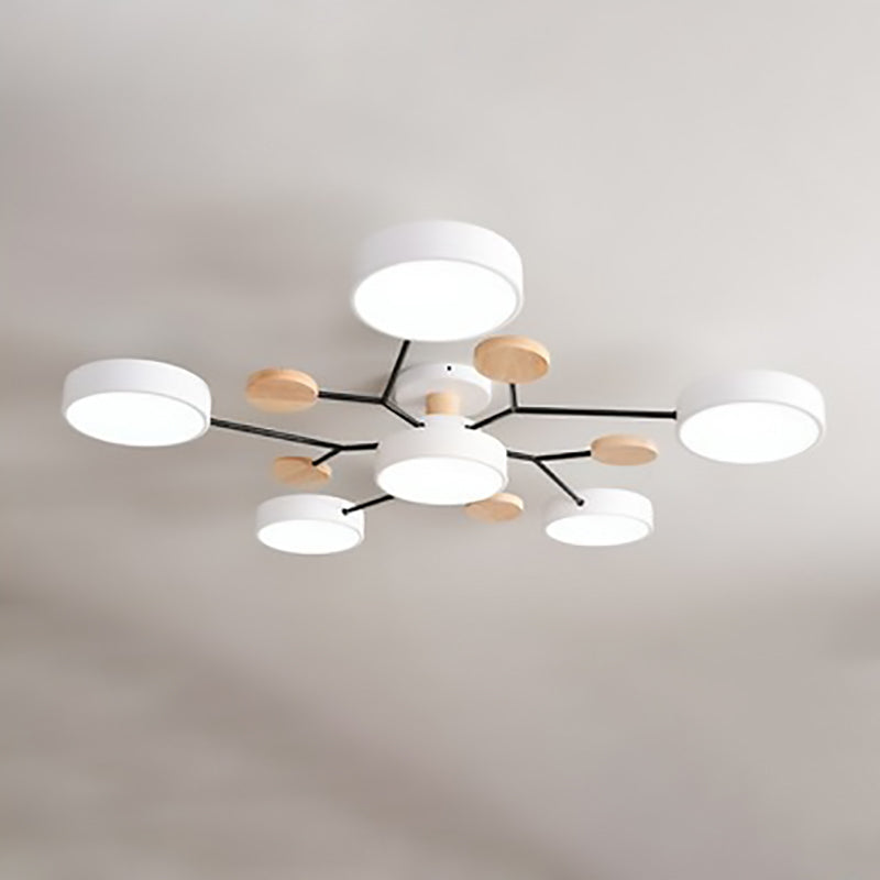 White 6-light branch ceiling light with LED discs, wood accents and black arms — Casa Norex