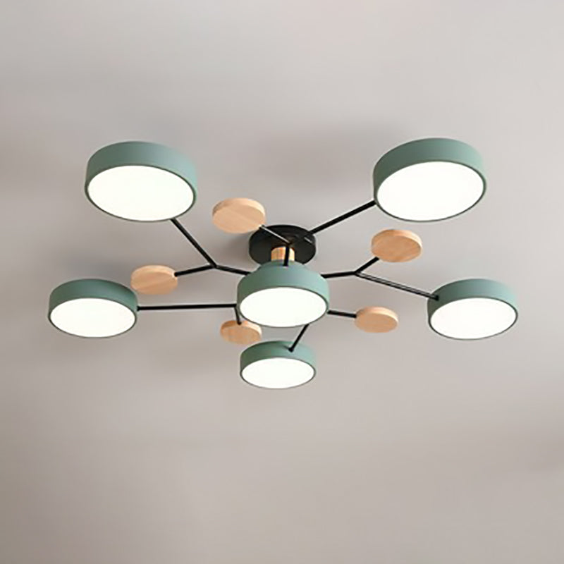 Green 6-light branch ceiling light with LED discs on a central hub — Casa Norex
