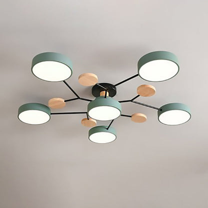 Green 6-light branch ceiling light with LED discs on a central hub — Casa Norex