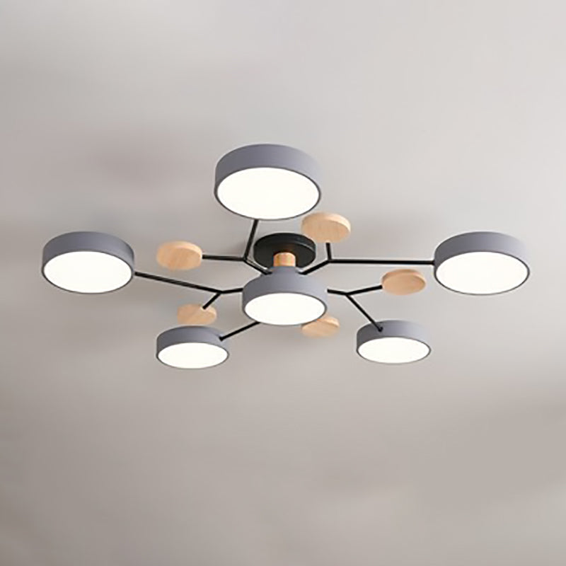 Gray 6-light branch ceiling light with LED discs and wood-tone accents — Casa Norex