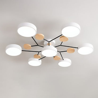 White 7-light branch ceiling light with LED discs on a neutral ceiling — Casa Norex