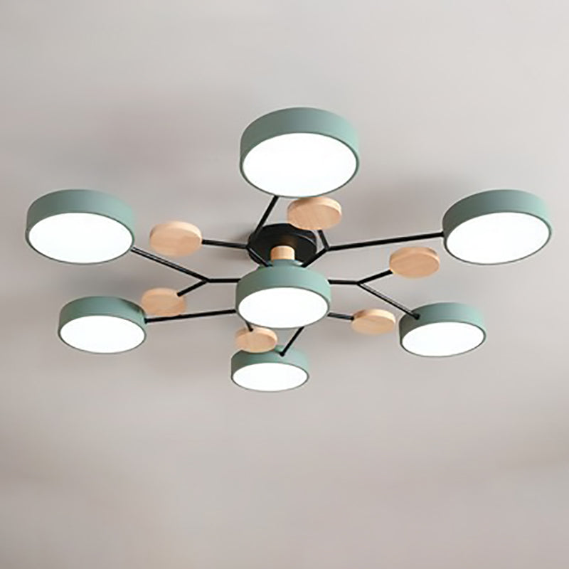 Green 7-light branch ceiling light with LED discs on a neutral ceiling — Casa Norex