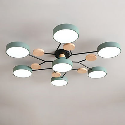 Green 7-light branch ceiling light with LED discs on a neutral ceiling — Casa Norex