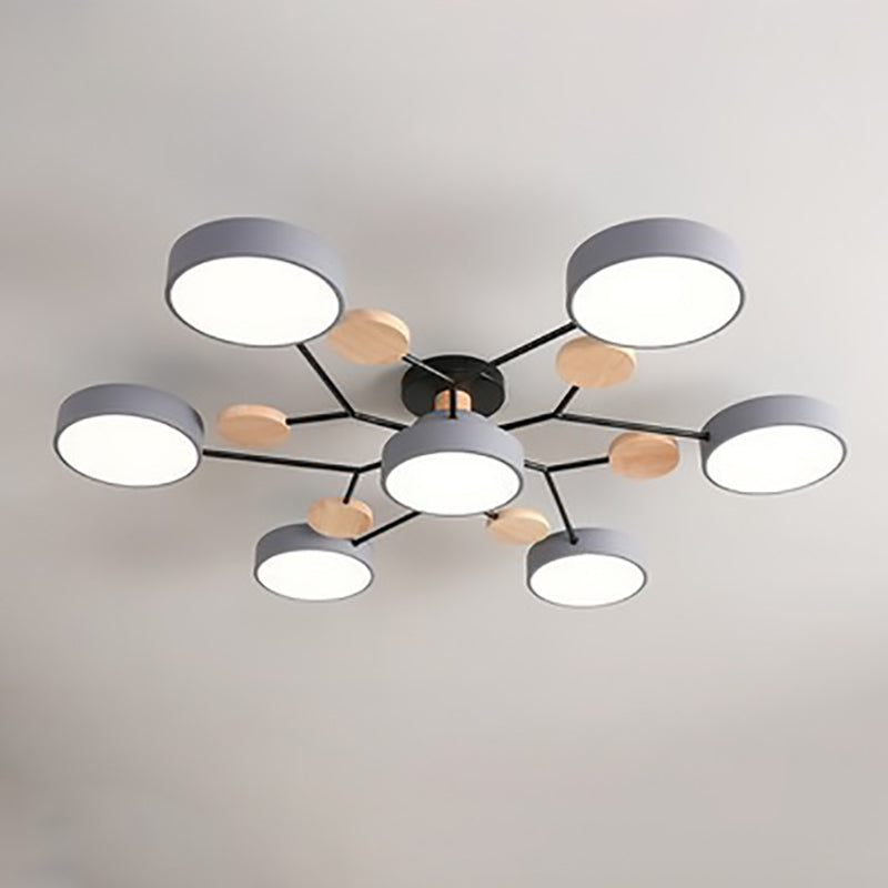 Gray 7-light branch ceiling light with LED discs on a neutral ceiling — Casa Norex