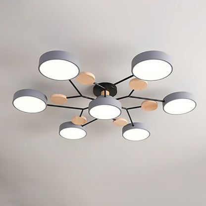 Gray 7-light branch ceiling light with LED discs on a neutral ceiling — Casa Norex