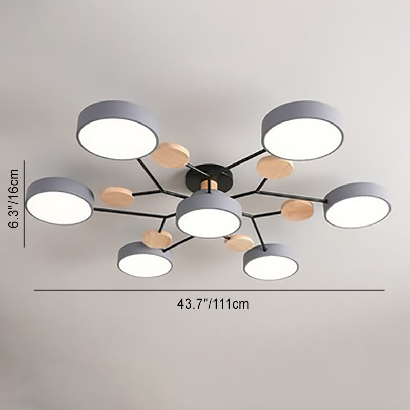 Dimension diagram for gray 7-light branch ceiling light — 43.7″ wide, 6.3″ high — Casa Norex