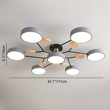 Dimension diagram for gray 7-light branch ceiling light — 43.7″ wide, 6.3″ high — Casa Norex