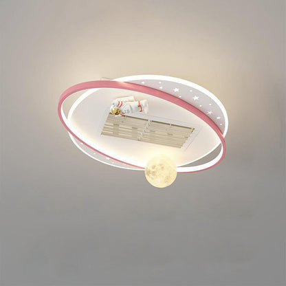 Contemporary Creative Acrylic Astronaut Moon LED Kids Flush Mount Ceiling Invisible Bladeless Fan Light For Bedroom