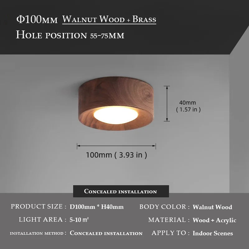Walnut wood ceiling spotlight installed on a ceiling