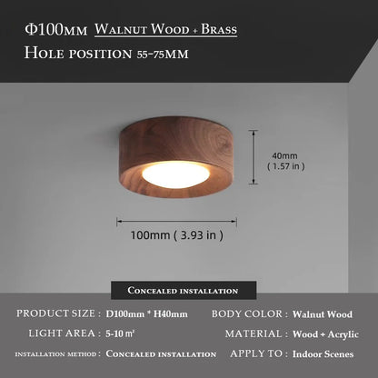 Walnut wood ceiling spotlight installed on a ceiling