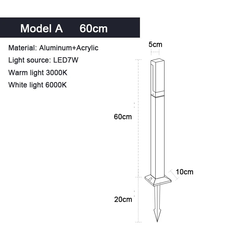 Aluminum LED lawn lamp glowing cool white at night