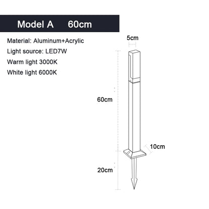 Aluminum LED lawn lamp glowing cool white at night