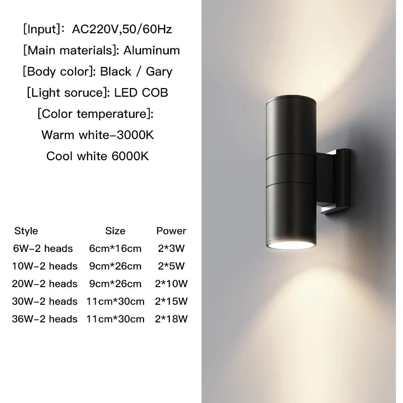Square housing outdoor wall light, up & down two-head design | Casa Norex