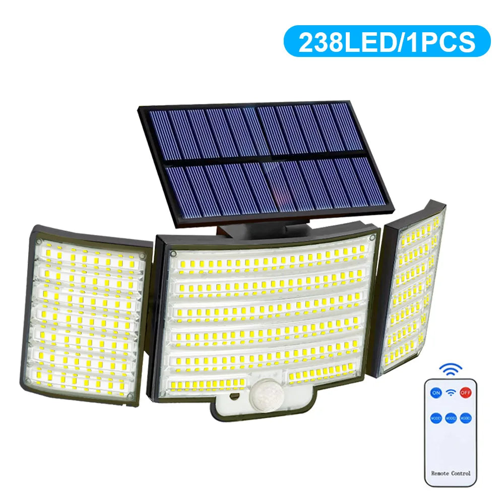 Solar LED security wall light mounted outdoors with 238 LED head