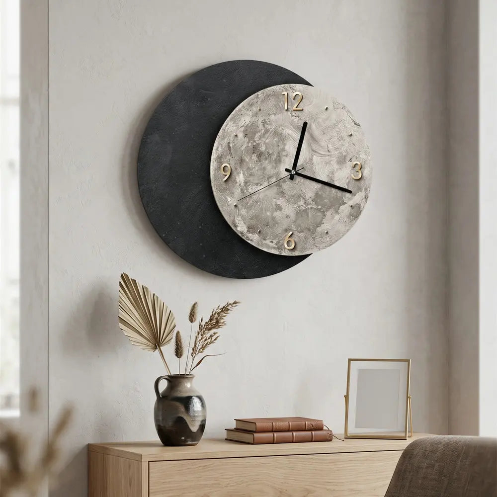 3D Black Moon Wall Clock in interior setting — hand-painted textured wood, 3D black moon overlay | Casa Norex