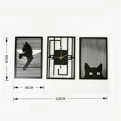 Close-up of black metal, line-art panel design detail on line art wall clock trio | Casa Norex