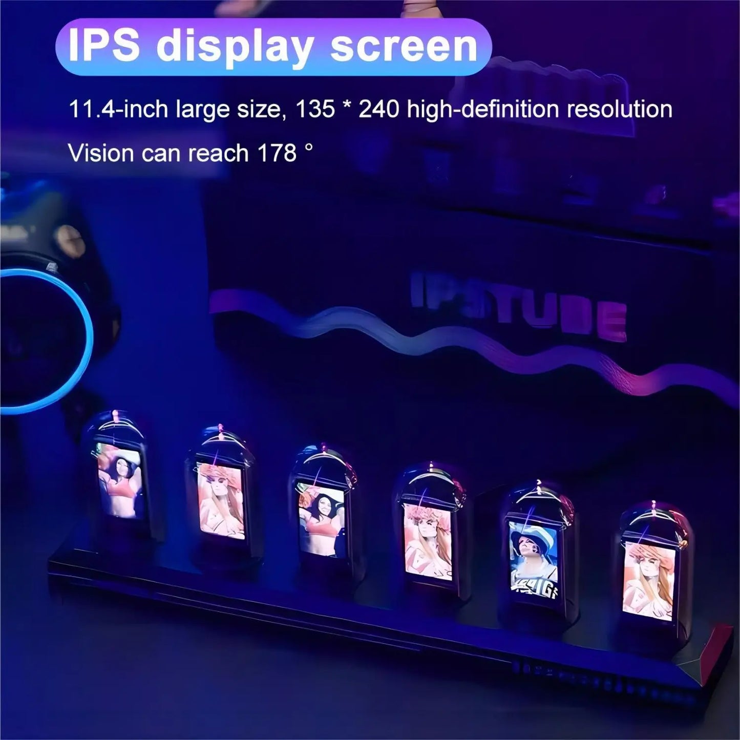 IPS Glow Tube Clock displaying local weather
