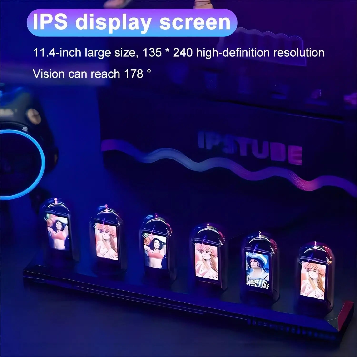 IPS Glow Tube Clock displaying local weather