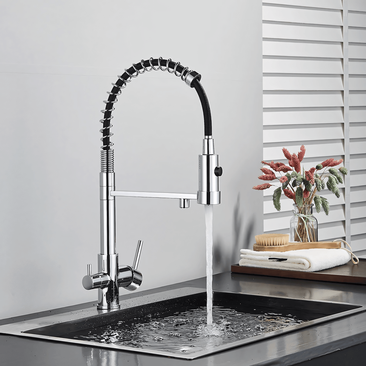 Ashgrove 3-Way Filtered Pull-Down Kitchen Faucet — reverse osmosis compatible via 3/8" adapter, angled view | Casa Norex