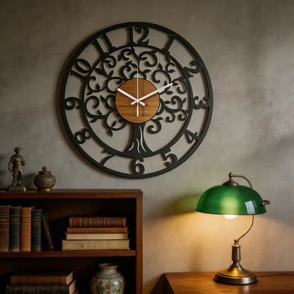 Life Tree Iron Wall Clock alternate angle — black corrosion-resistant iron, life-tree cutout motif | Casa Norex