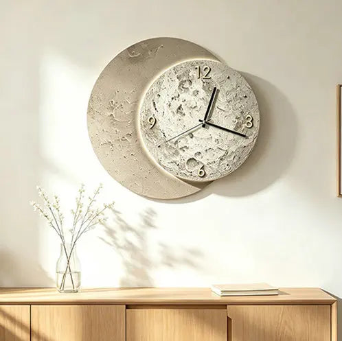 Moon Phase Wall Clock in interior setting — beige and off-white MDF with 2D moon print | Casa Norex