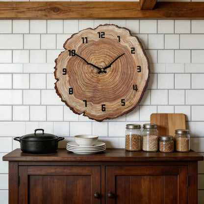 Wood Grain Round Wall Clock in interior setting — olive-brown wood-grain MDF, matte varnish | Casa Norex