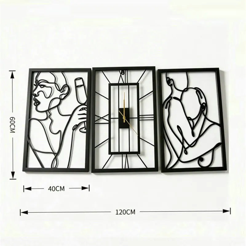 line art wall clock trio — black metal, line-art panel design | Casa Norex