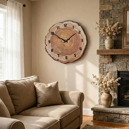 Close-up of olive-brown wood-grain MDF, matte varnish detail on wood grain round wall clock | Casa Norex