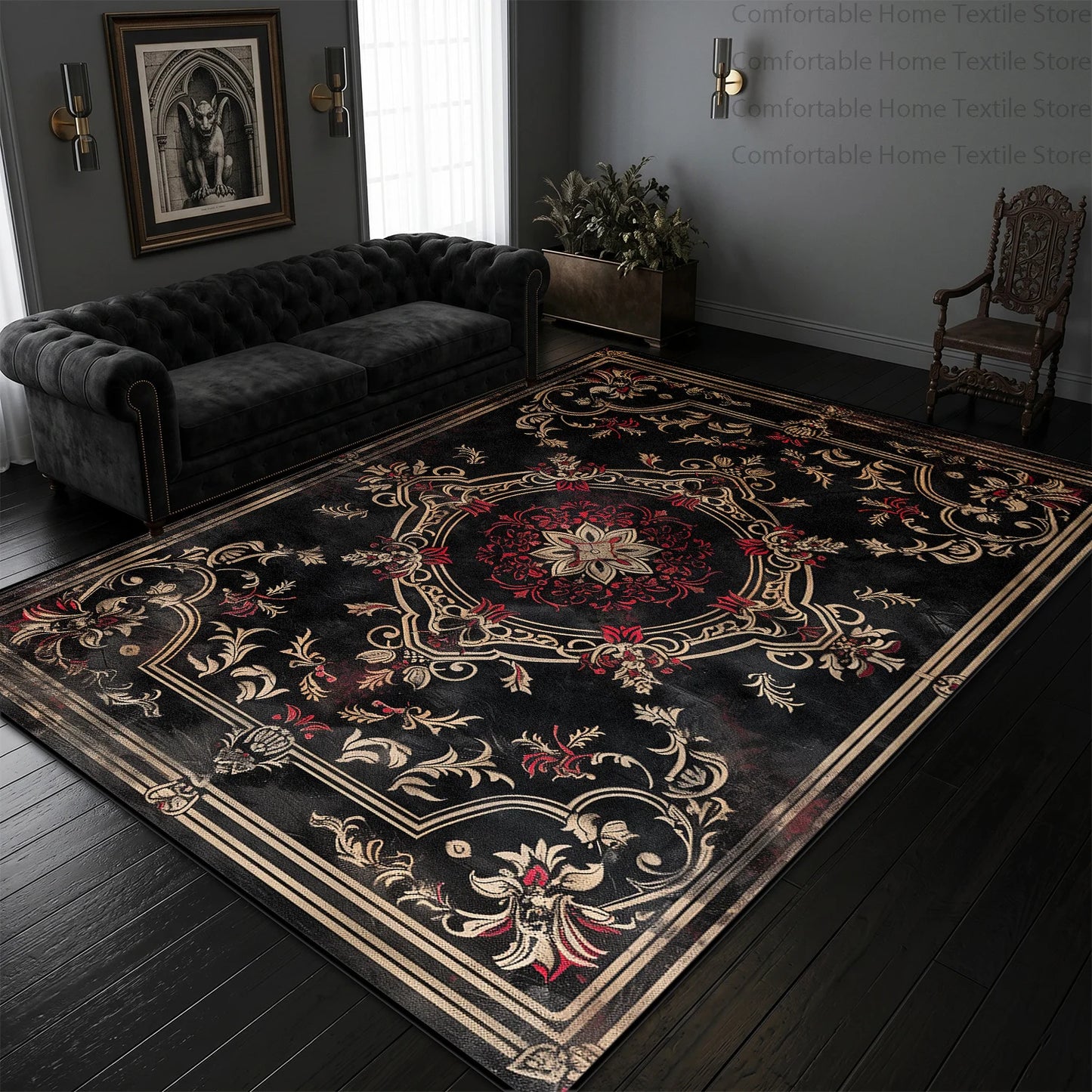 Black and gold Persian rug in formal dining room setting | Casa Norex