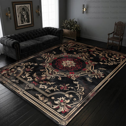 Black and gold Persian rug in formal dining room setting | Casa Norex