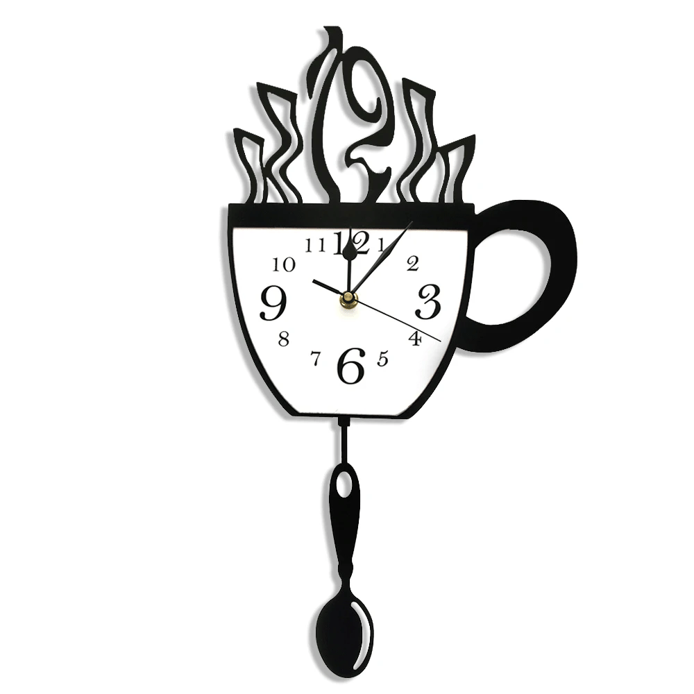 Coffee Cup Pendulum Wall Clock — swinging spoon pendulum, 50x25.5cm | Casa Norex