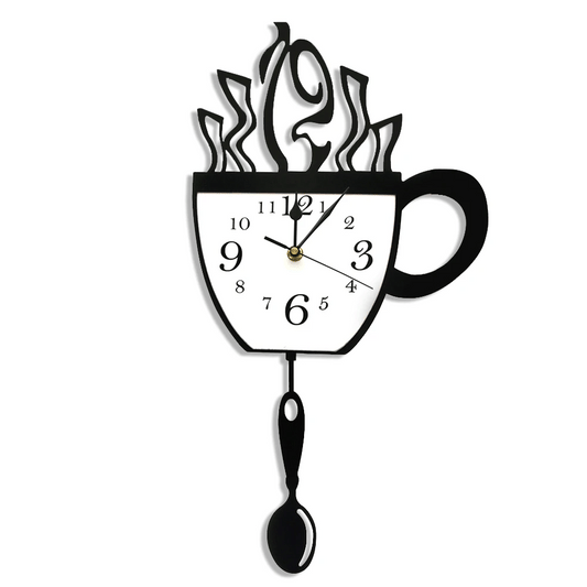 Coffee Cup Pendulum Wall Clock — swinging spoon pendulum, 50x25.5cm | Casa Norex