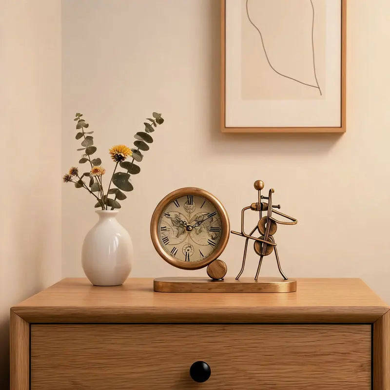 Figure Desk Clock alternate angle — gold-tone metal with human figure and map-pattern dial | Casa Norex