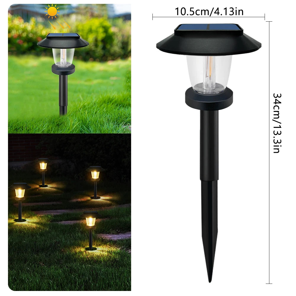 Solar filament pathway light staked along a garden path