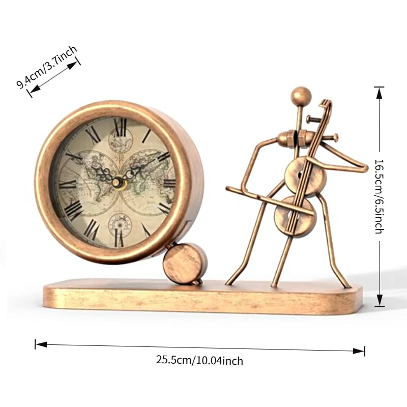 figure desk clock — gold-tone metal with human figure and map-pattern dial | Casa Norex