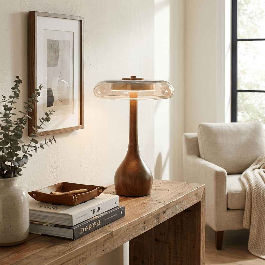 Curved wood base table lamp detail — Casa Norex