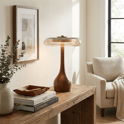 Curved wood base table lamp detail — Casa Norex