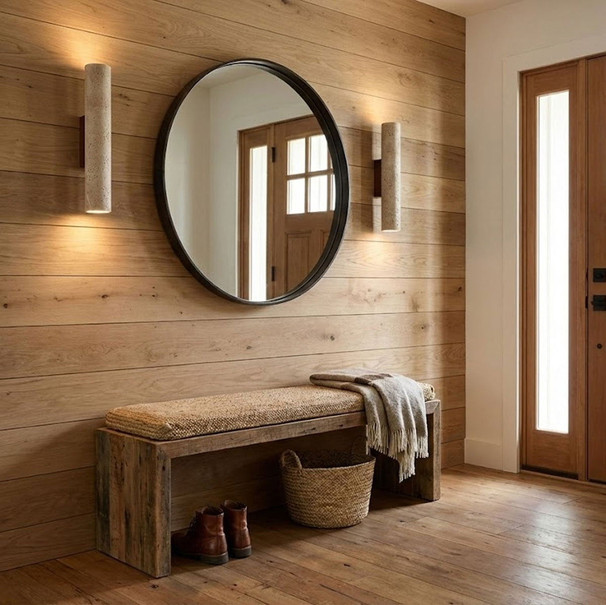 Travertine column lamp installation detail — Casa Norex