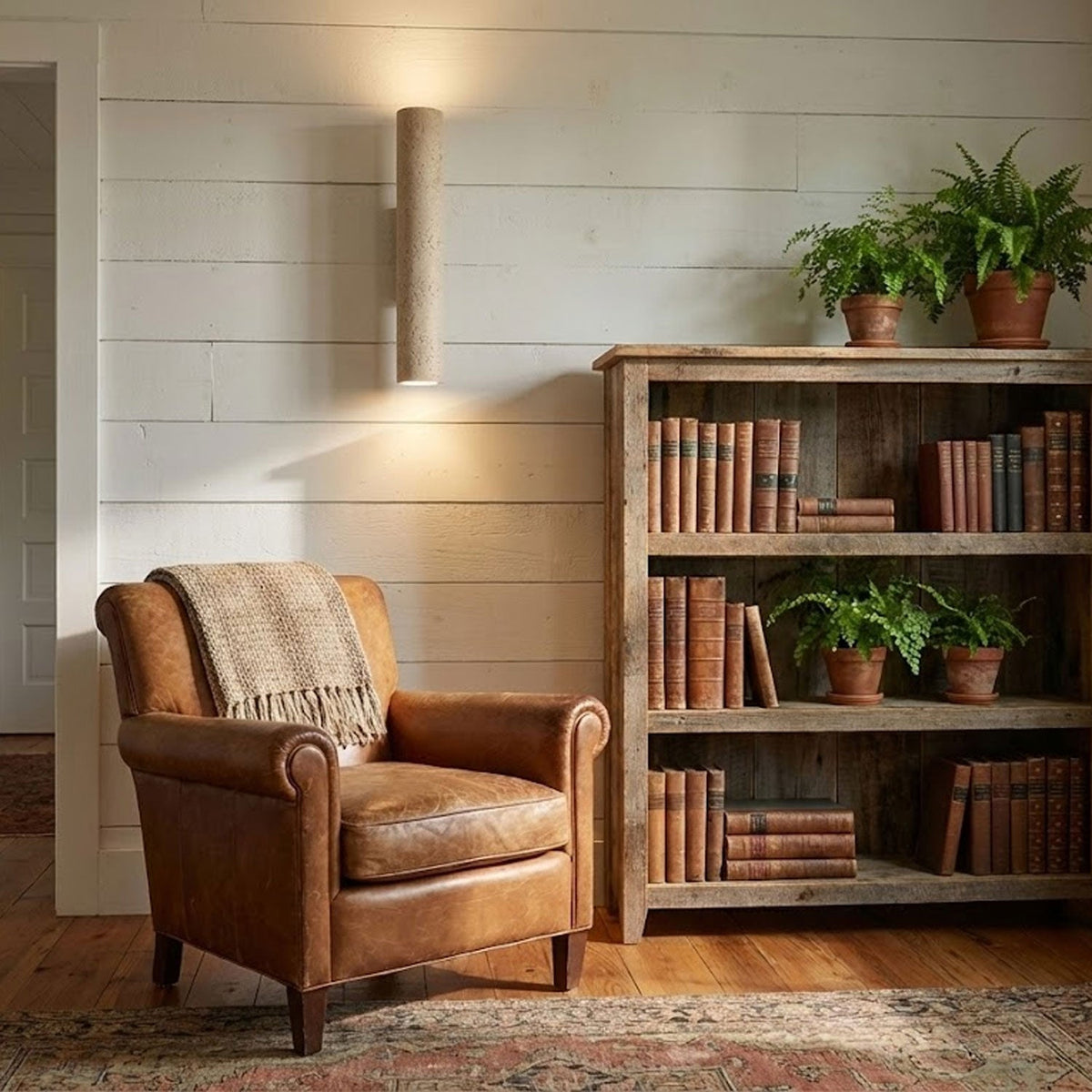 Travertine wall lamp size comparison — walnut finish | Casa Norex