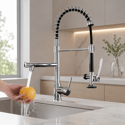 Kingswood Pull-Out Kitchen Faucet — single-handle hot and cold mixer, angled view | Casa Norex