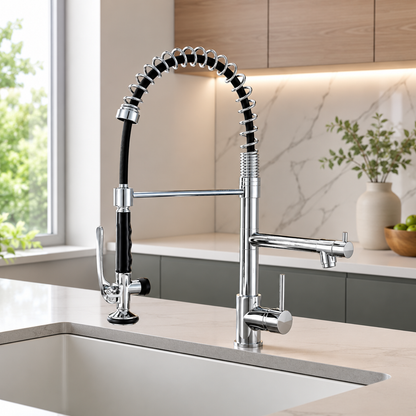 Kingswood Pull-Out Kitchen Faucet — ceramic disc cartridge, angled view | Casa Norex