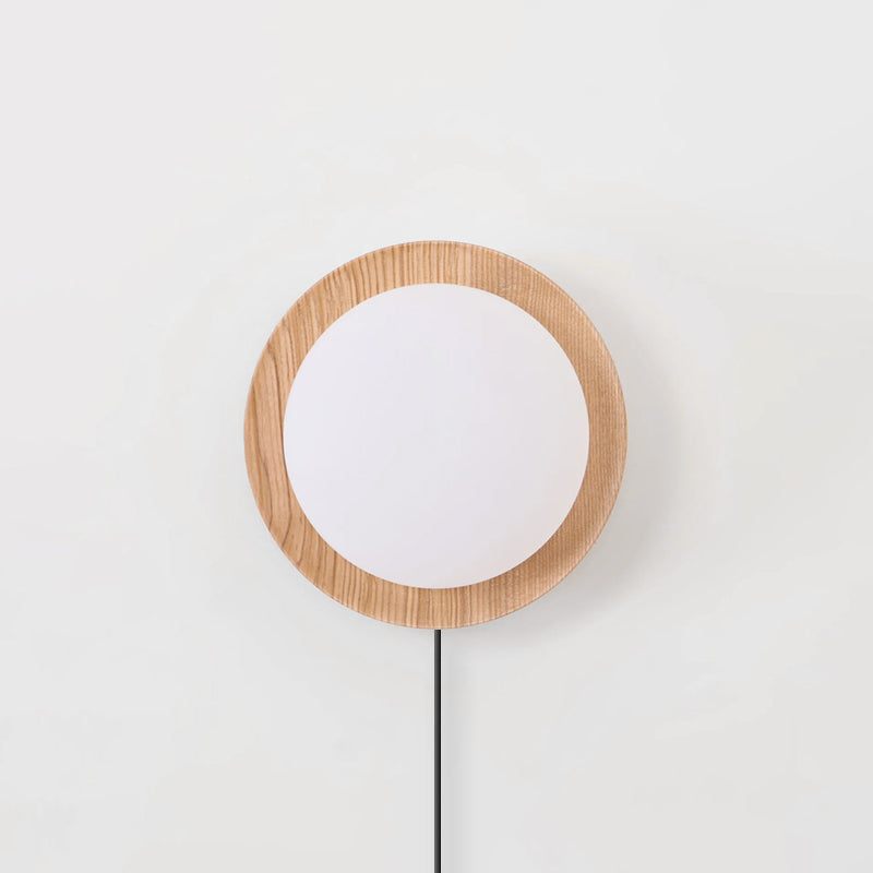 Tablet plug-in wall lamp globe recessed in wood backing integrated LED | Casa Norex