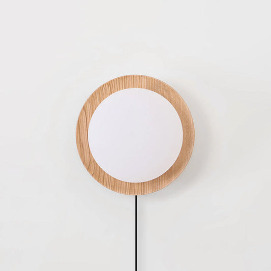 Tablet plug-in wall lamp globe recessed in wood backing integrated LED | Casa Norex