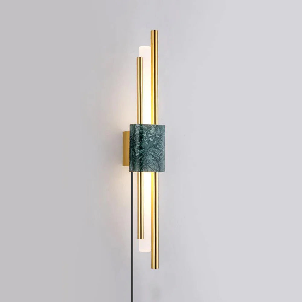 Natural marble column and twin gold rods close-up - Tanto lamp by Casa Norex