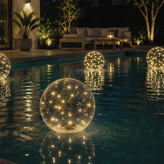 Lagoon floating solar pool light orbs glowing on a backyard pool at night
